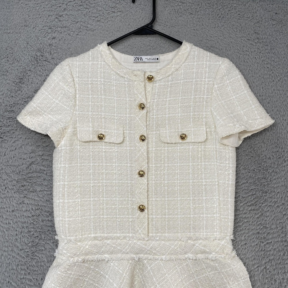 Zara Old Money Dress Womens Small Tweed Check Fit Flare Short Sleeve Mini Office - Picture 4 of 16